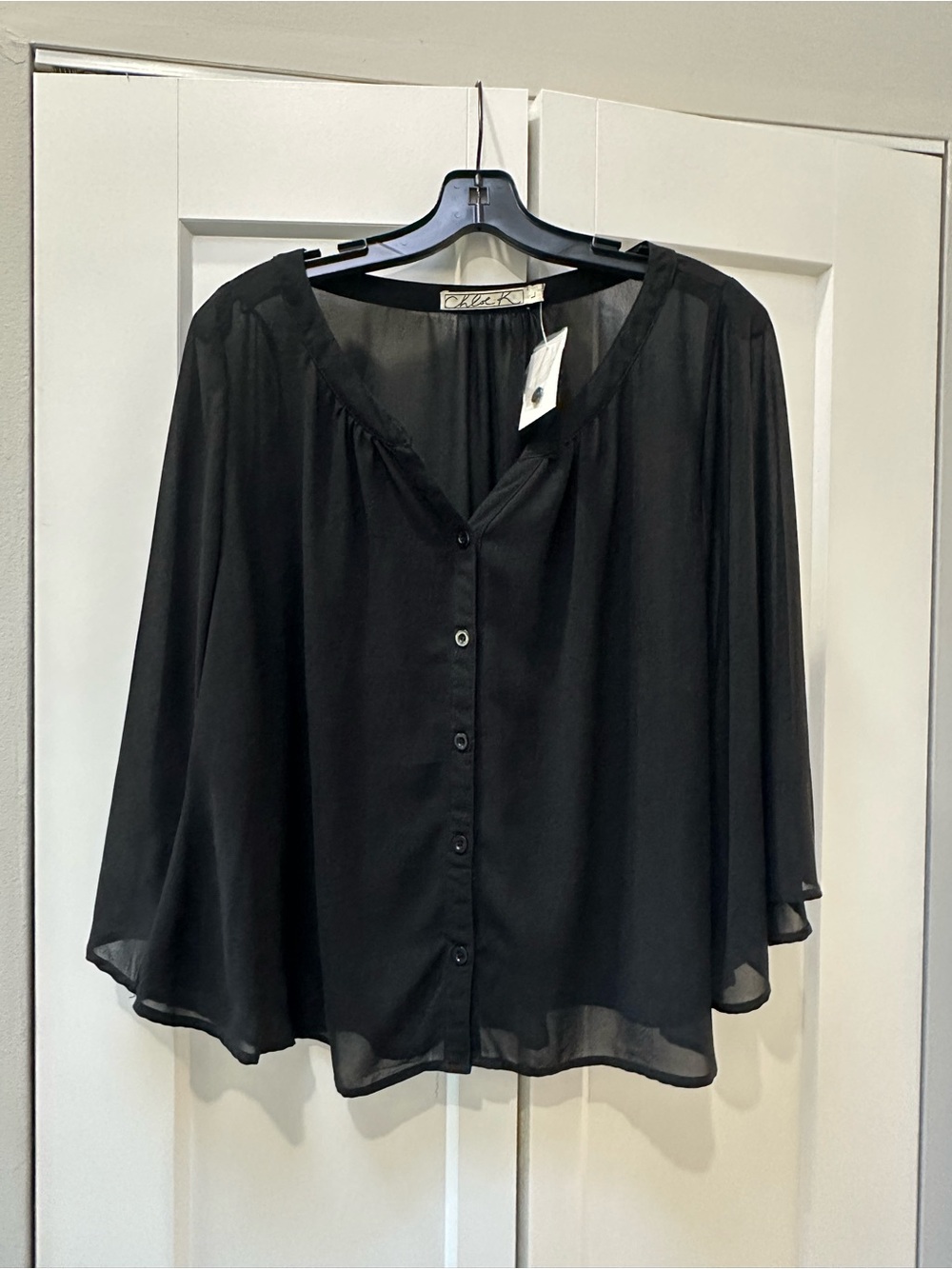 Chloe K Black Sheer Button-Front Blouse
